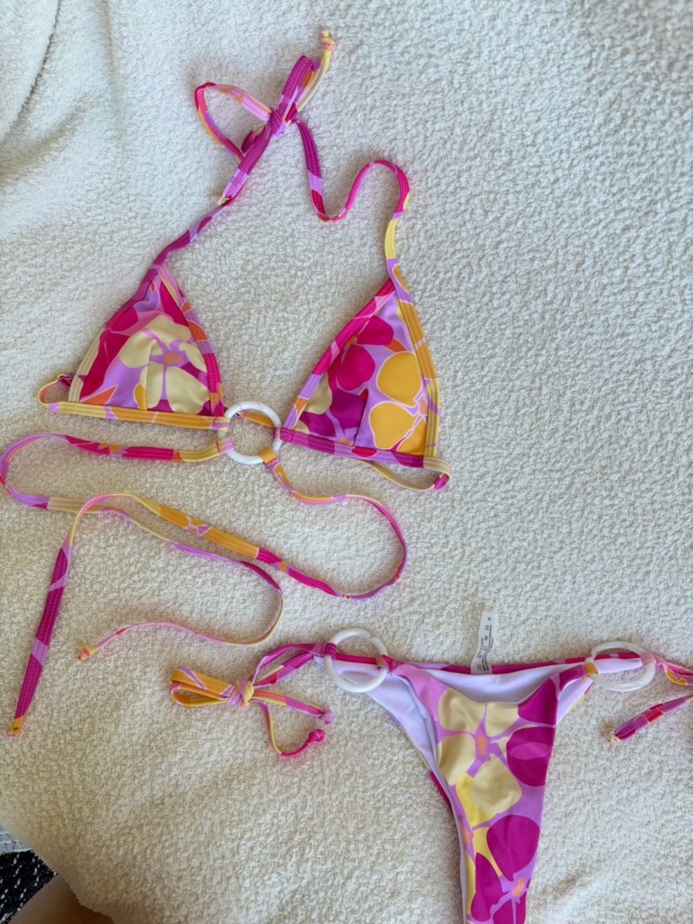 Pink Floral Tie-Side String Thong Bikini Set White Fox Dupe